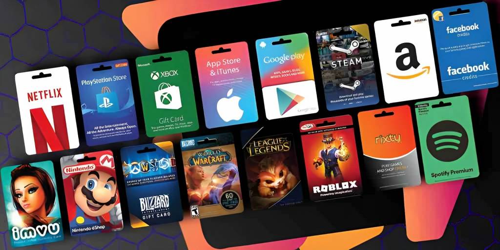 An assortment of digital gift cards displayed on a colorful background, featuring popular brands like Netflix, PlayStation Store, Xbox, App Store & iTunes, Google Play, Amazon, Facebook, Spotify, Nintendo, League of Legends, Roblox, and more.