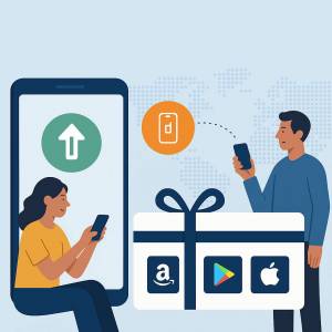 Illustration of a woman and a man using smartphones to send mobile top-ups and digital gift cards globally, with a dotted world map in the background symbolizing global connectivity.
